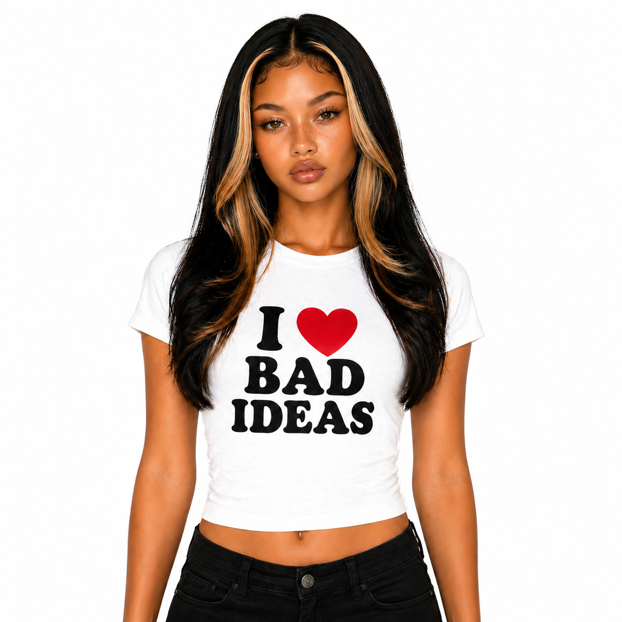 Woman wearing white I love bad ideas baby tee crop top