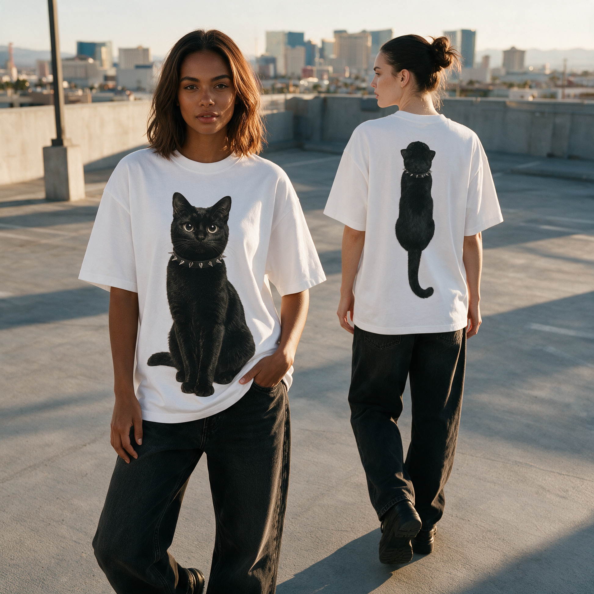 Two women styling the Kitty Gang Nior black cat oversized tee in Las Vegas