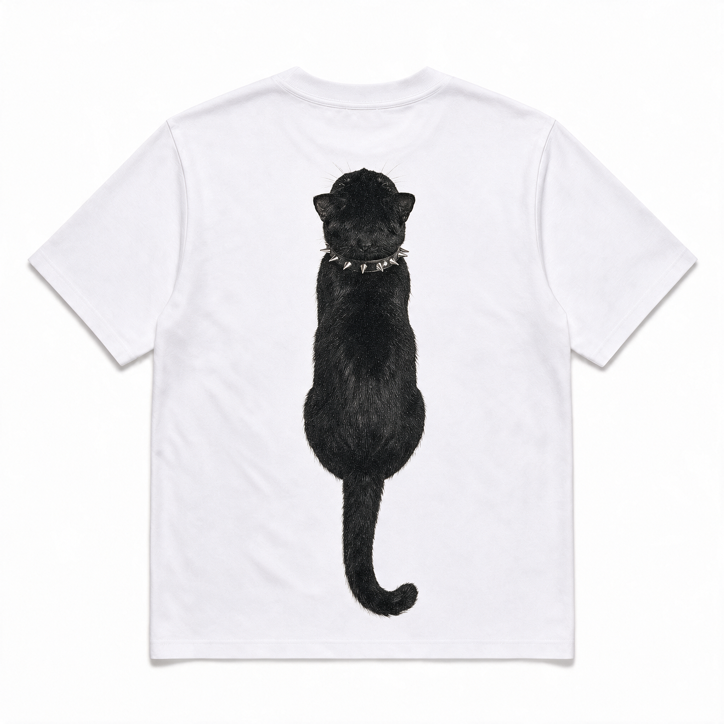Back of white Kitty Gang Nior tee with rear-view black cat graphic
