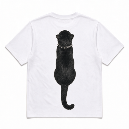 Back of white Kitty Gang Nior tee with rear-view black cat graphic