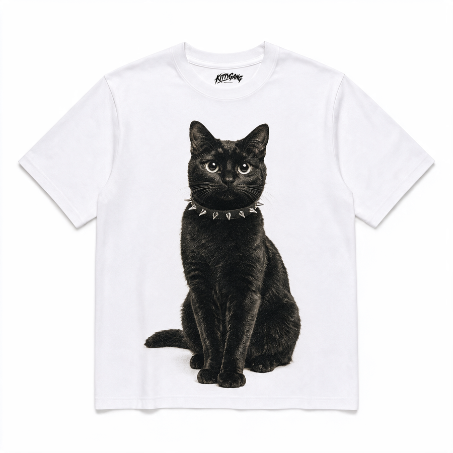 White Kitty Gang Nior heavyweight oversized tee with black cat front graphic
