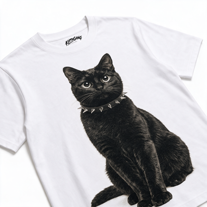Close-up of Nior black cat DTG artwork and spiked collar on white heavyweight tee