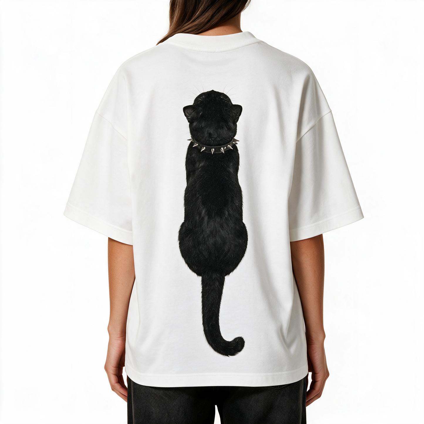 Back view of woman wearing the Kitty Gang Nior tee with rear-view cat graphic