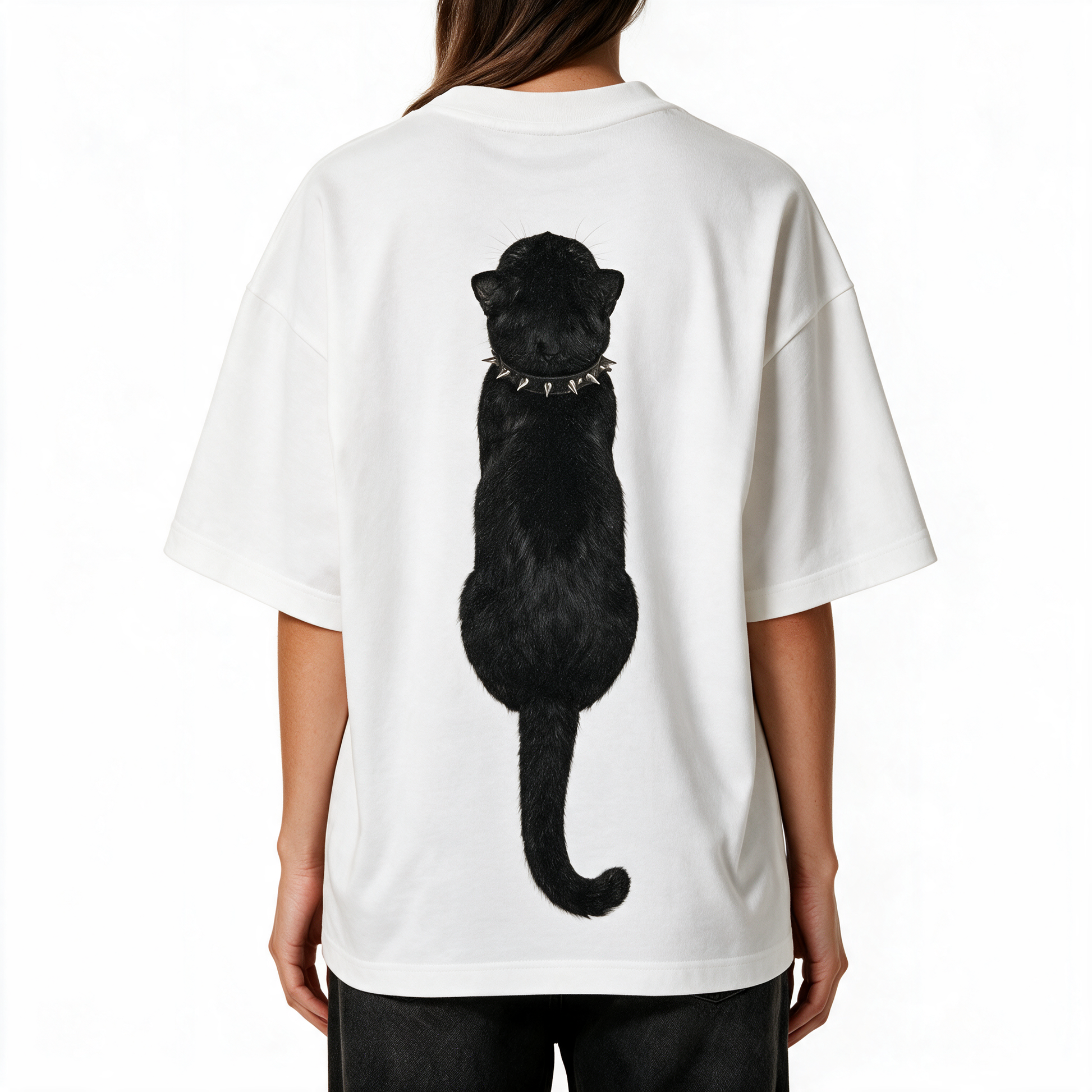 Back view of woman wearing the Kitty Gang Nior tee with rear-view cat graphic