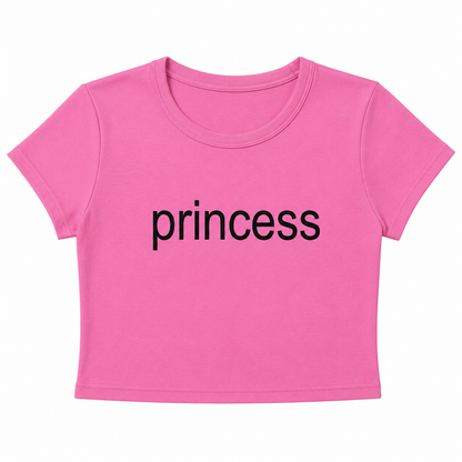 Woman wearing pink Princess baby tee crop top flat