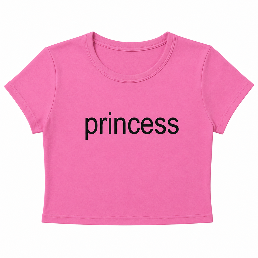 Woman wearing pink Princess baby tee crop top flat
